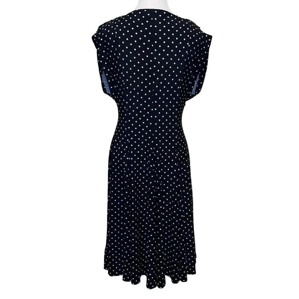 Norma Kamali Polka Dot Swing Dress Black White V-Neck Midi Flared A-Line Size L - Picture 4 of 12